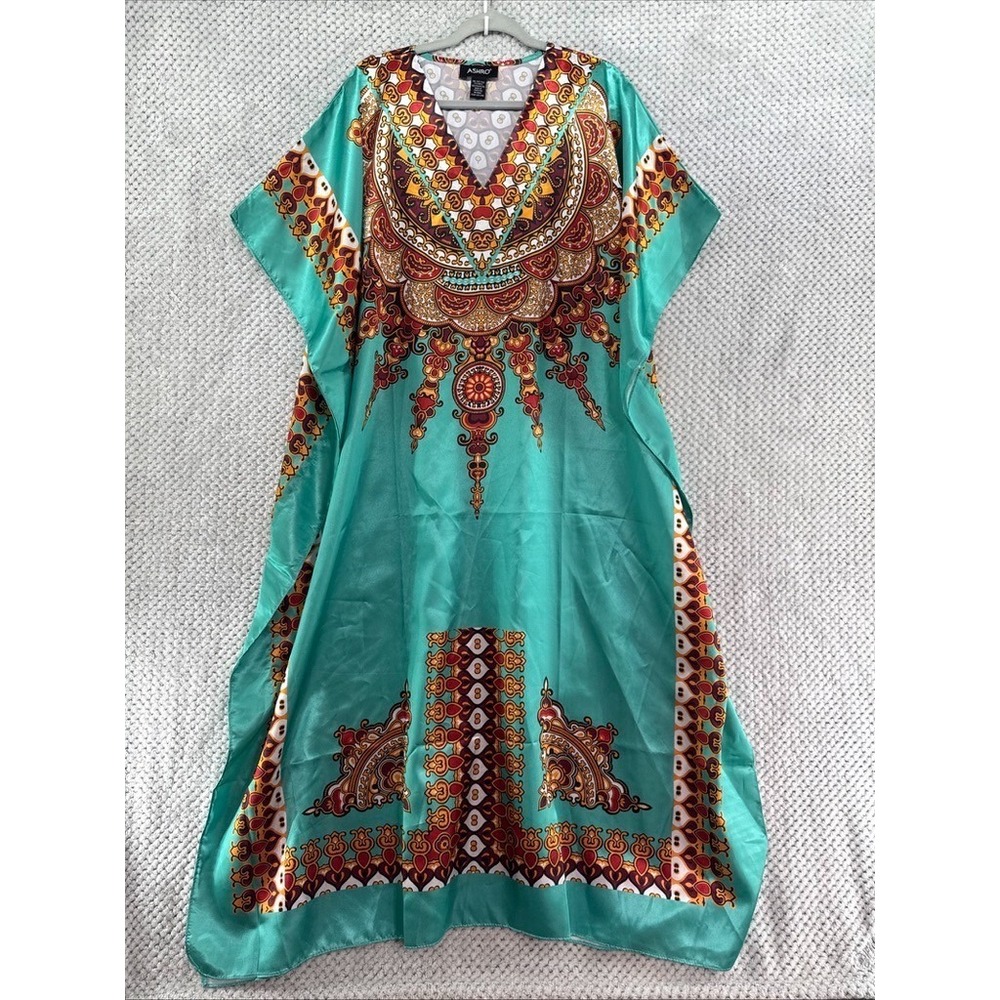 ASHRO Goddess 3 Long Satin Caftan Dress Womens One Size Plus Blue Brown V-Neck
